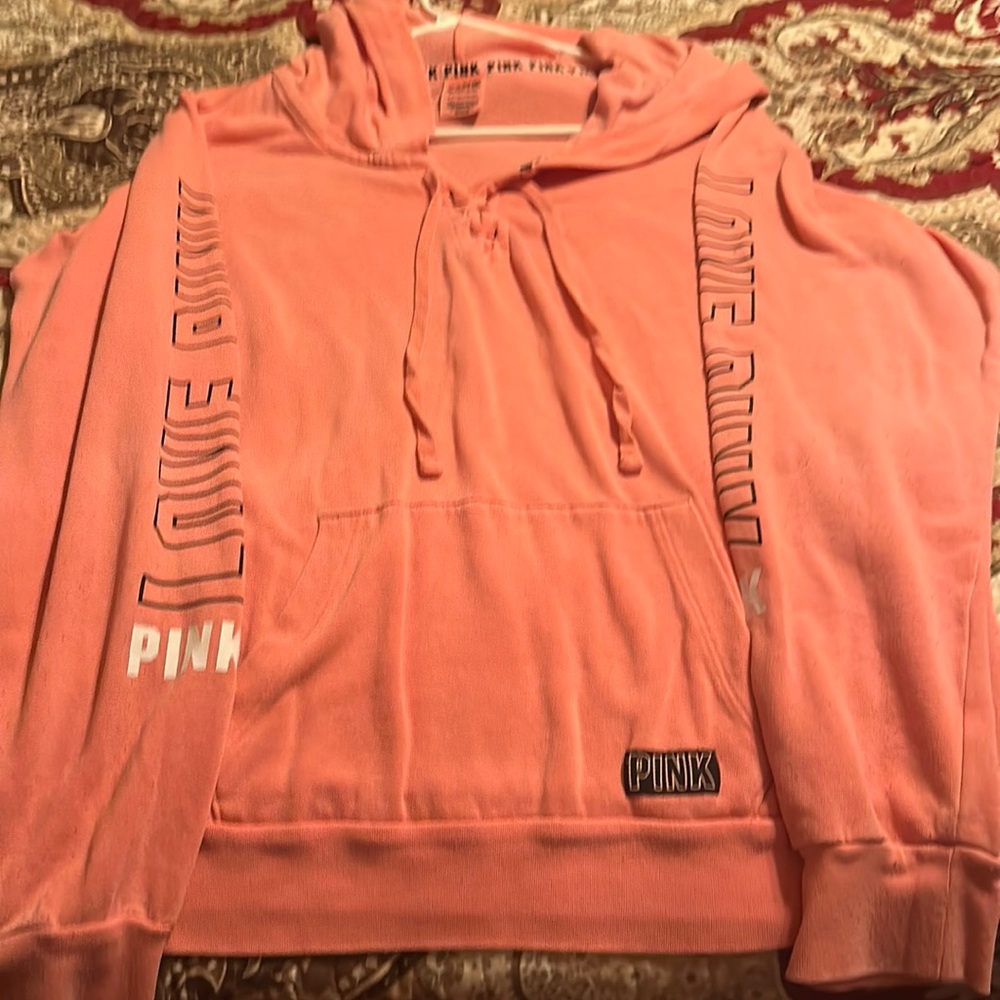 Pink sweatshirt, size small with hoodie